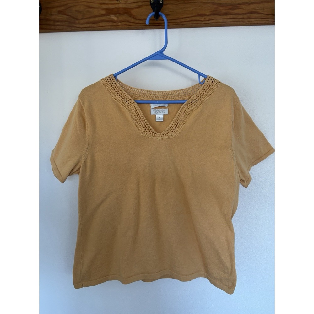 Christopher & Banks Women's XL‎ Gold Woven Top With Crochet Accent Short Sleeve